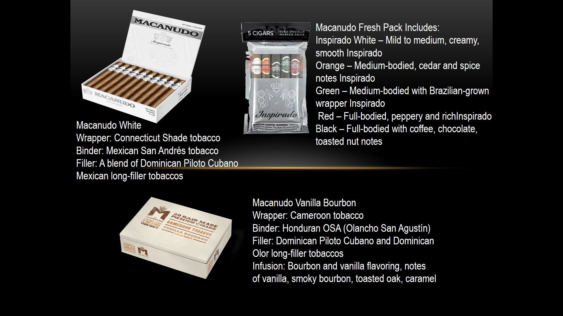 Macanudo cigar varieties with descriptions and packaging.