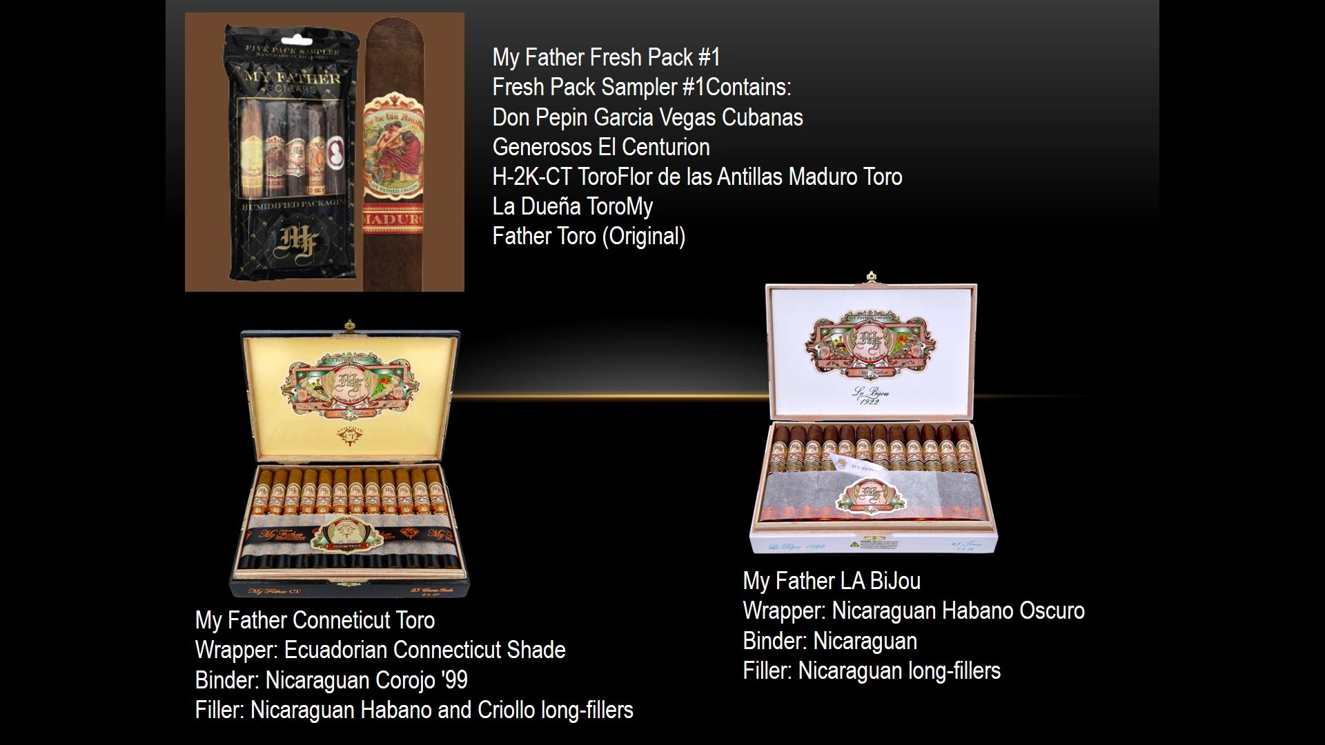 Three different My Father cigar packs with descriptions.