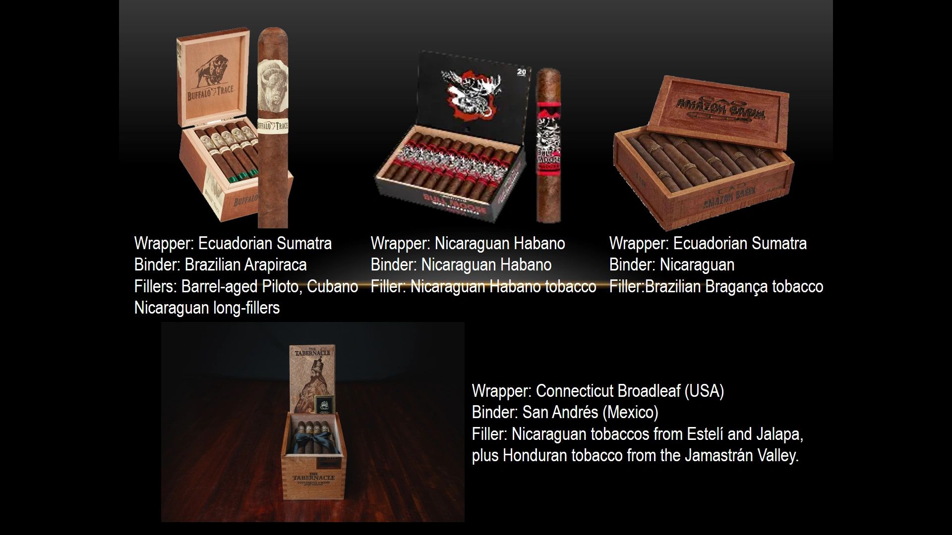Four cigar boxes with detailed tobacco origin descriptions.