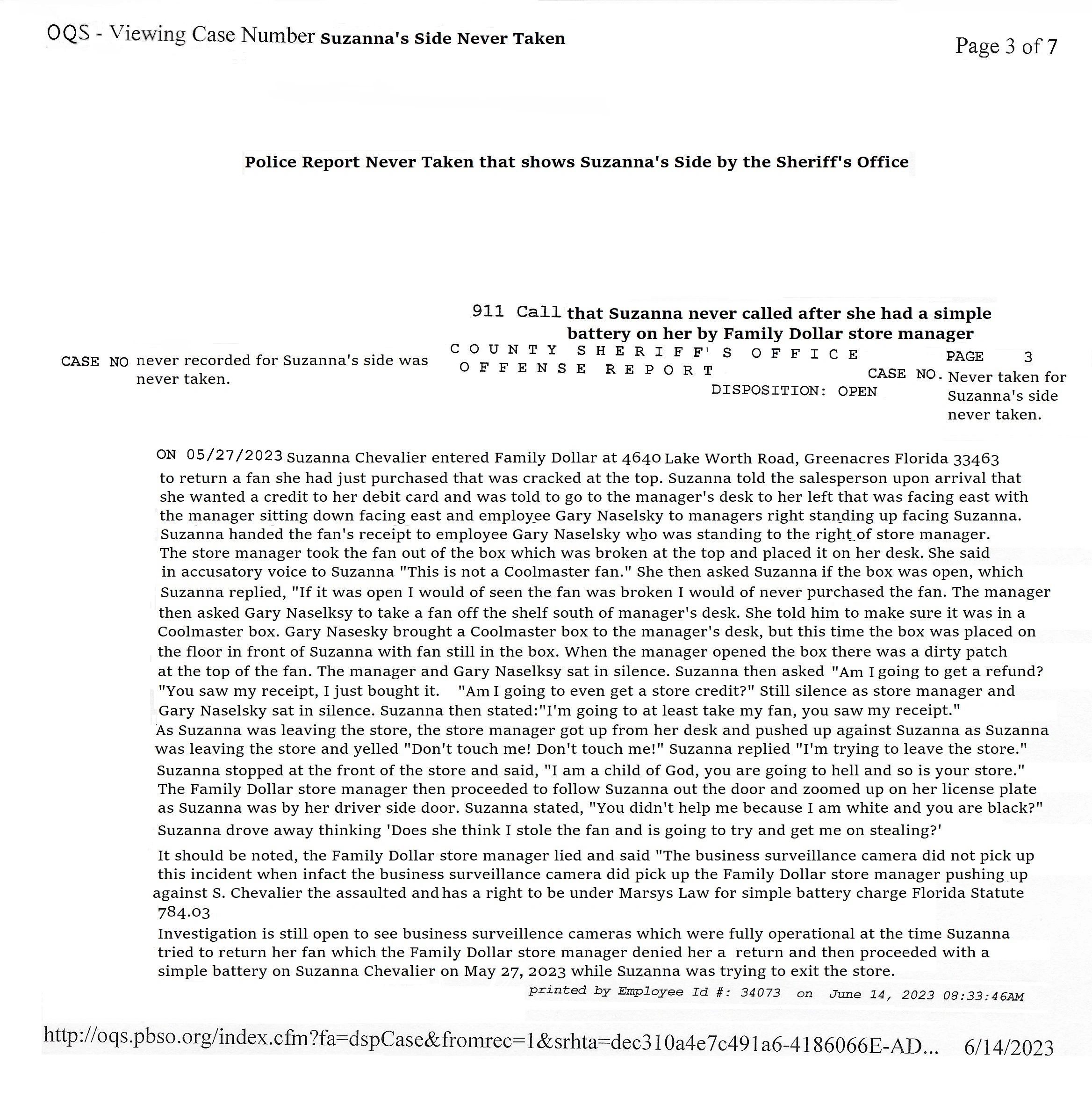 Suzanna's Report of Simple Battery Against Her on May 27, 2023