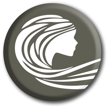 Stylized profile of a woman's face with flowing hair in a circular design.
