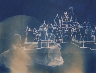 Sketch of a castle with two people sitting in front.