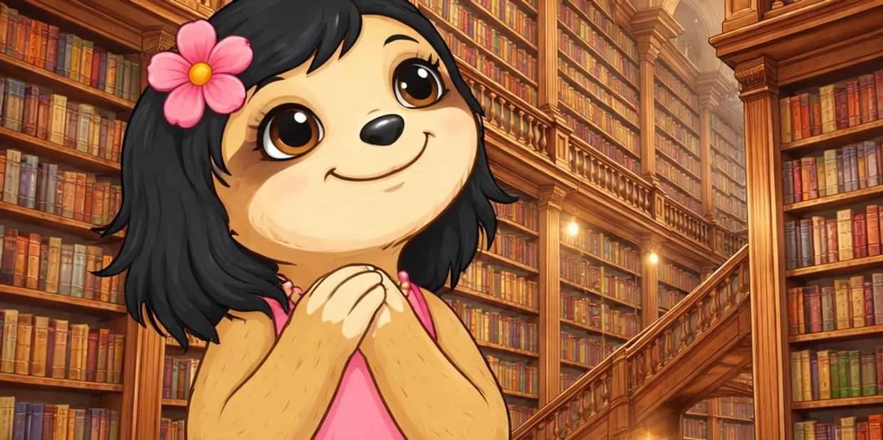 Animated character in a library with a pink flower in her hair.