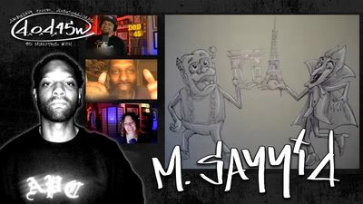 A collage featuring four people and cartoon sketches of two characters with the Eiffel Tower.
