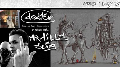 Creative sketch with artists and bold title.