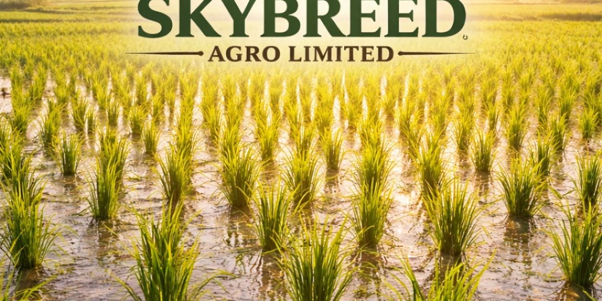 A vibrant rice field with "Skybreed Agro Limited" logo above.