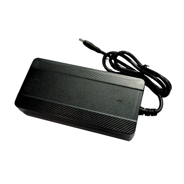 Black rectangular power adapter with attached cable and plug.