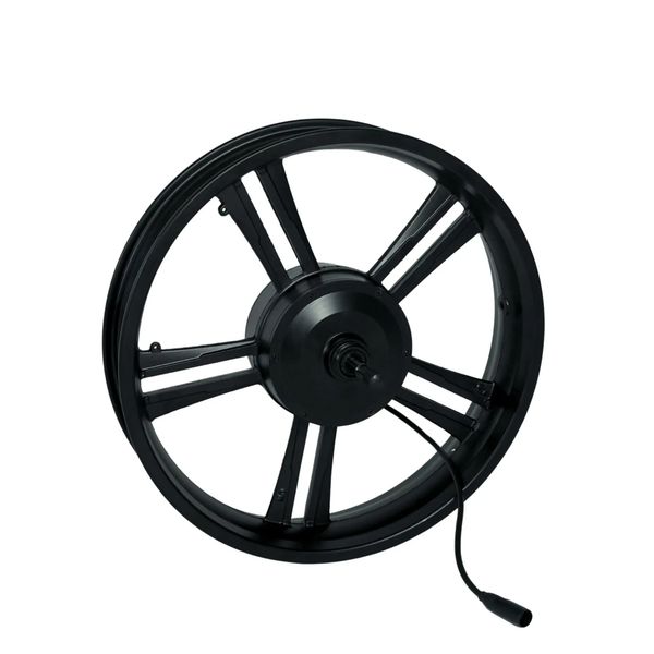 Black electric bike wheel with motor and cable.