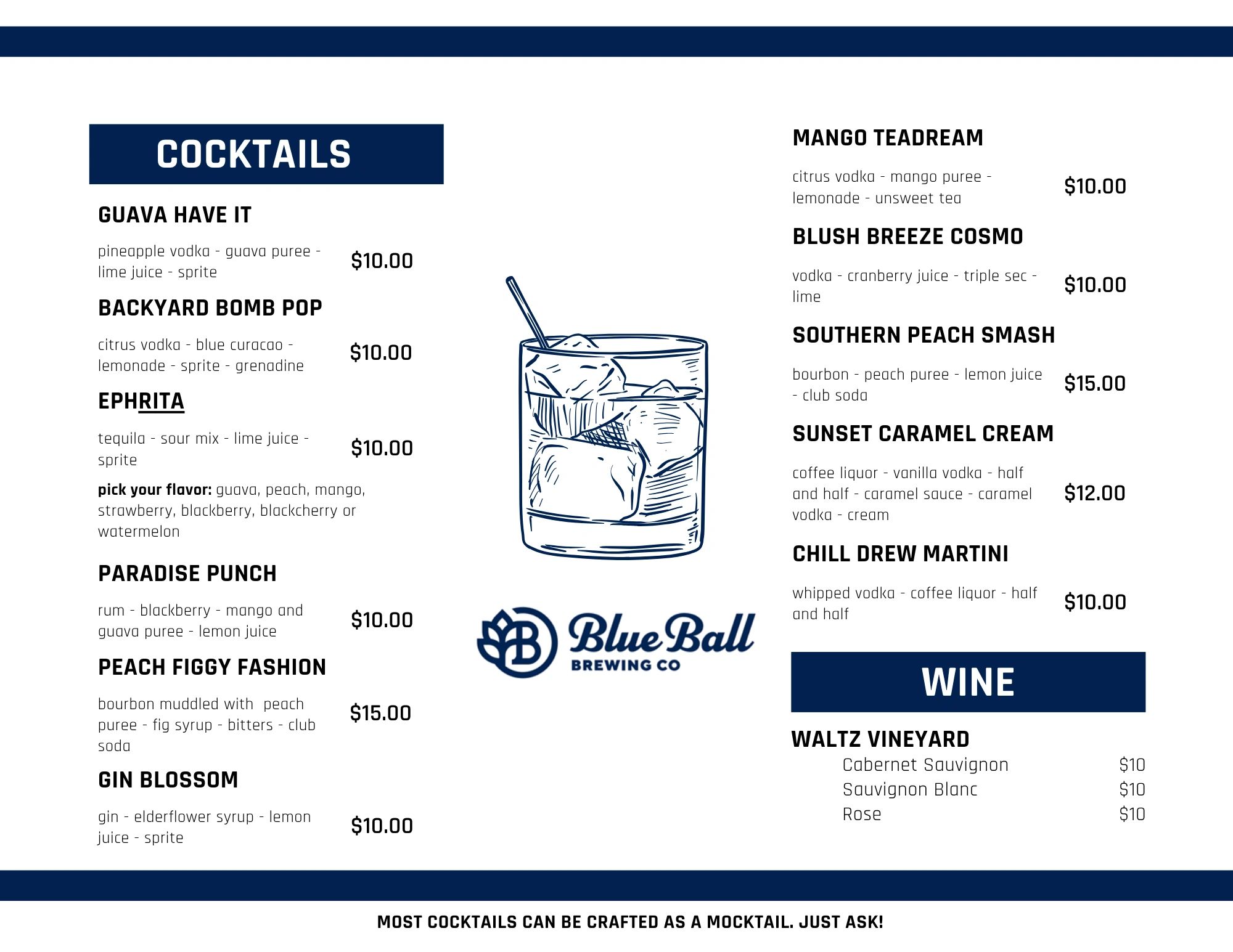 Cocktail menu with various flavored drinks and prices, featuring Blue Ball Brewing Co.