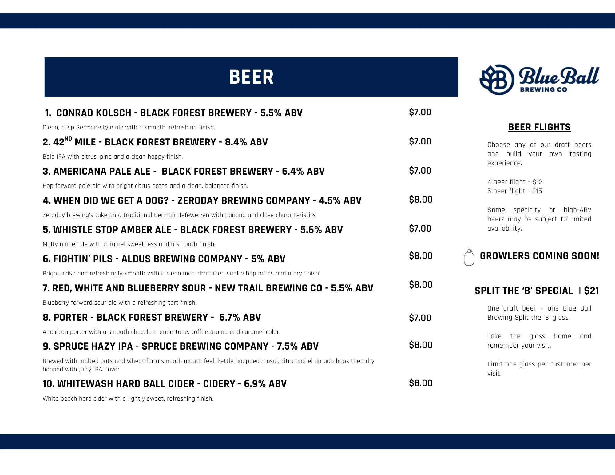 Blue Ball Brewing Co beer menu with various craft beers and prices.