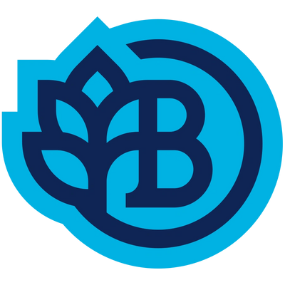 Blue logo with a stylized 'B' and leaf design.