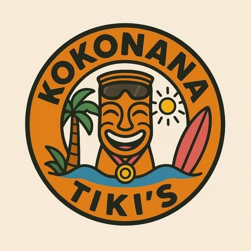 Colorful tiki logo with palm tree, surfboard, and sun.