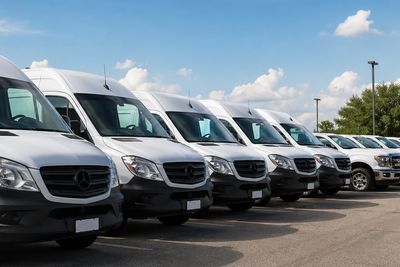 Row of white vans and trucks parked under a blue sky.
