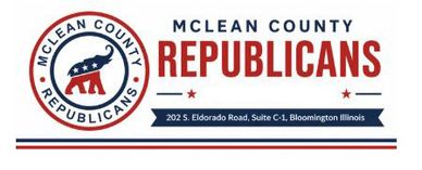 Logo of McLean County Republicans with address.