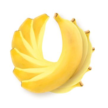 Six bananas stacked and rotated to make a spiral pattern on a white background