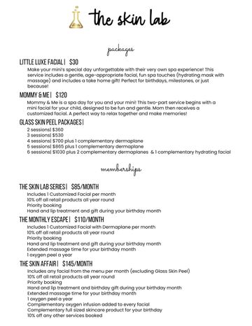 Spa menu offering facial packages and memberships with skincare benefits.