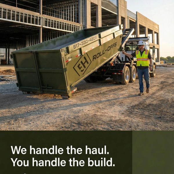 Construction worker with EH Roll-Offs dumpster at building site.