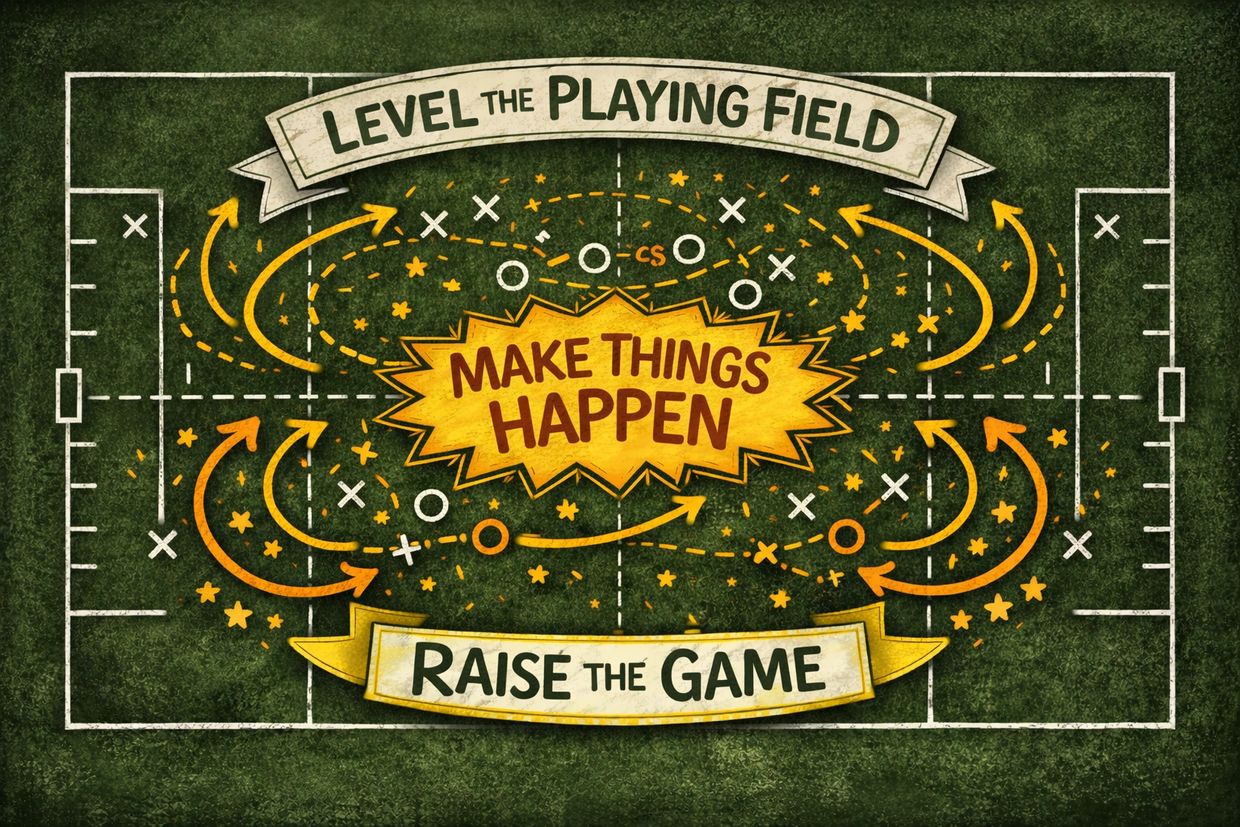 Motivational sports field diagram with "Make Things Happen" message.