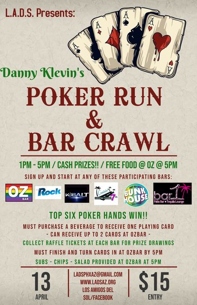 Poster for Danny Klevin's Poker Run &amp; Bar Crawl event with prizes and free food.