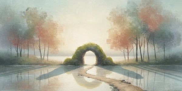 A serene landscape with a stone path leading to a mossy arch over calm water.
