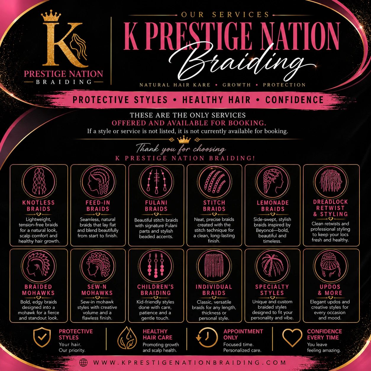 K Prestige Nation offers diverse braiding styles for healthy hair growth and confidence.