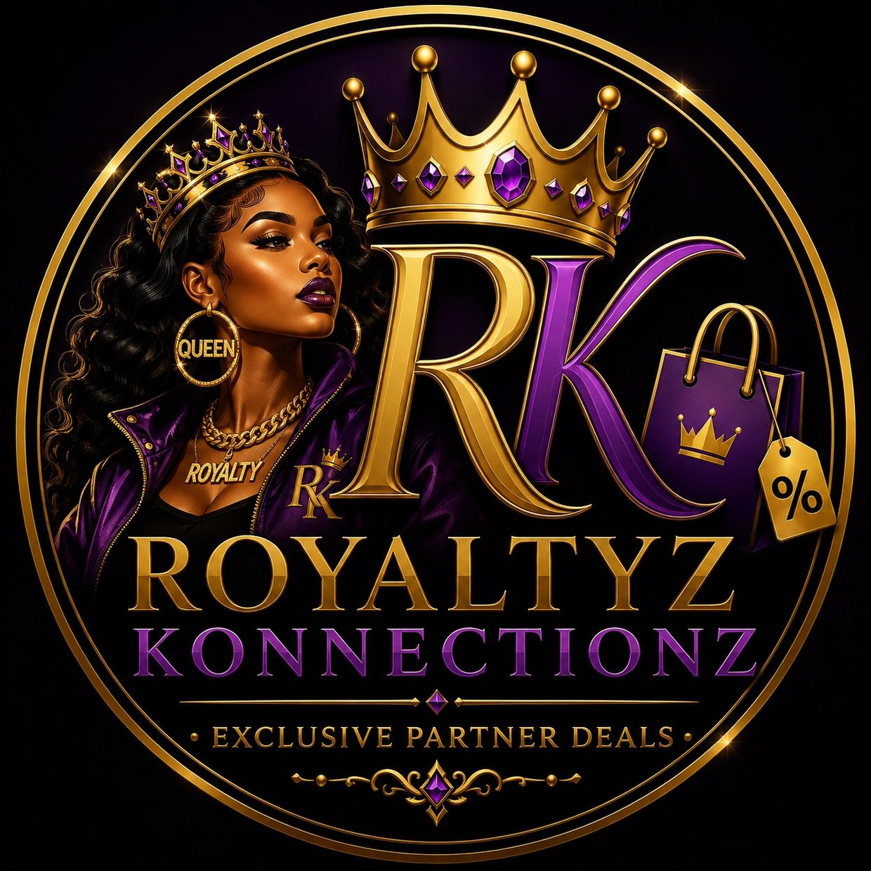 Logo featuring a regal woman and golden crown for Royaltyz Konnectionz.