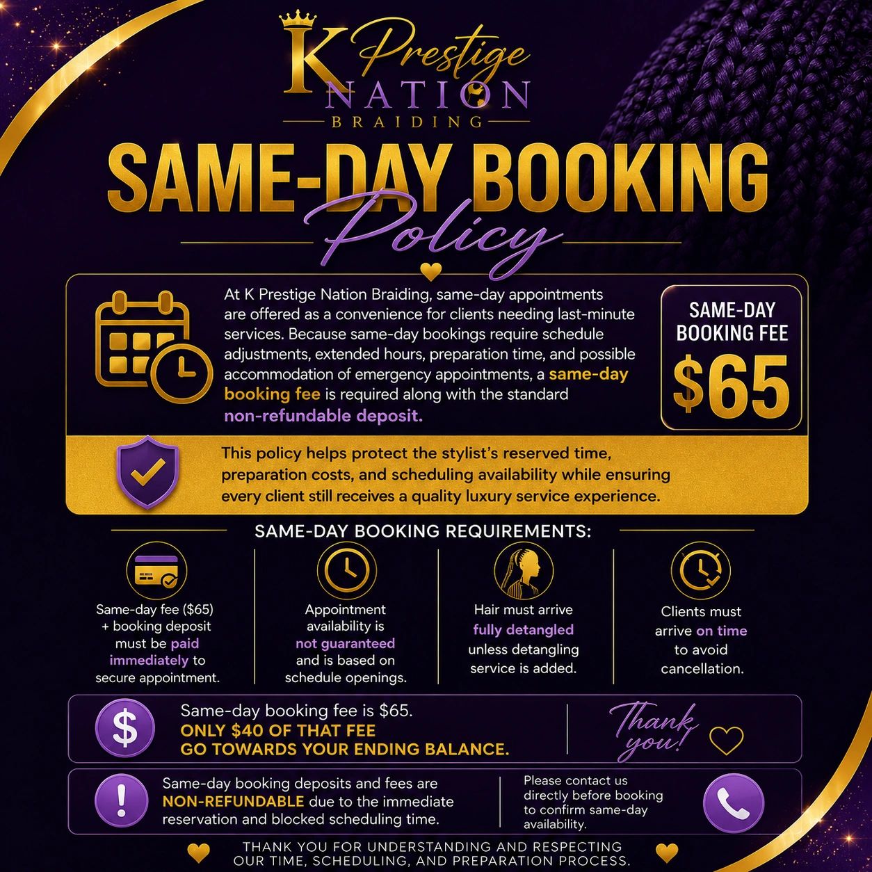 📌 Same-day fee + booking deposit must be paid immediately to secure appointment 
