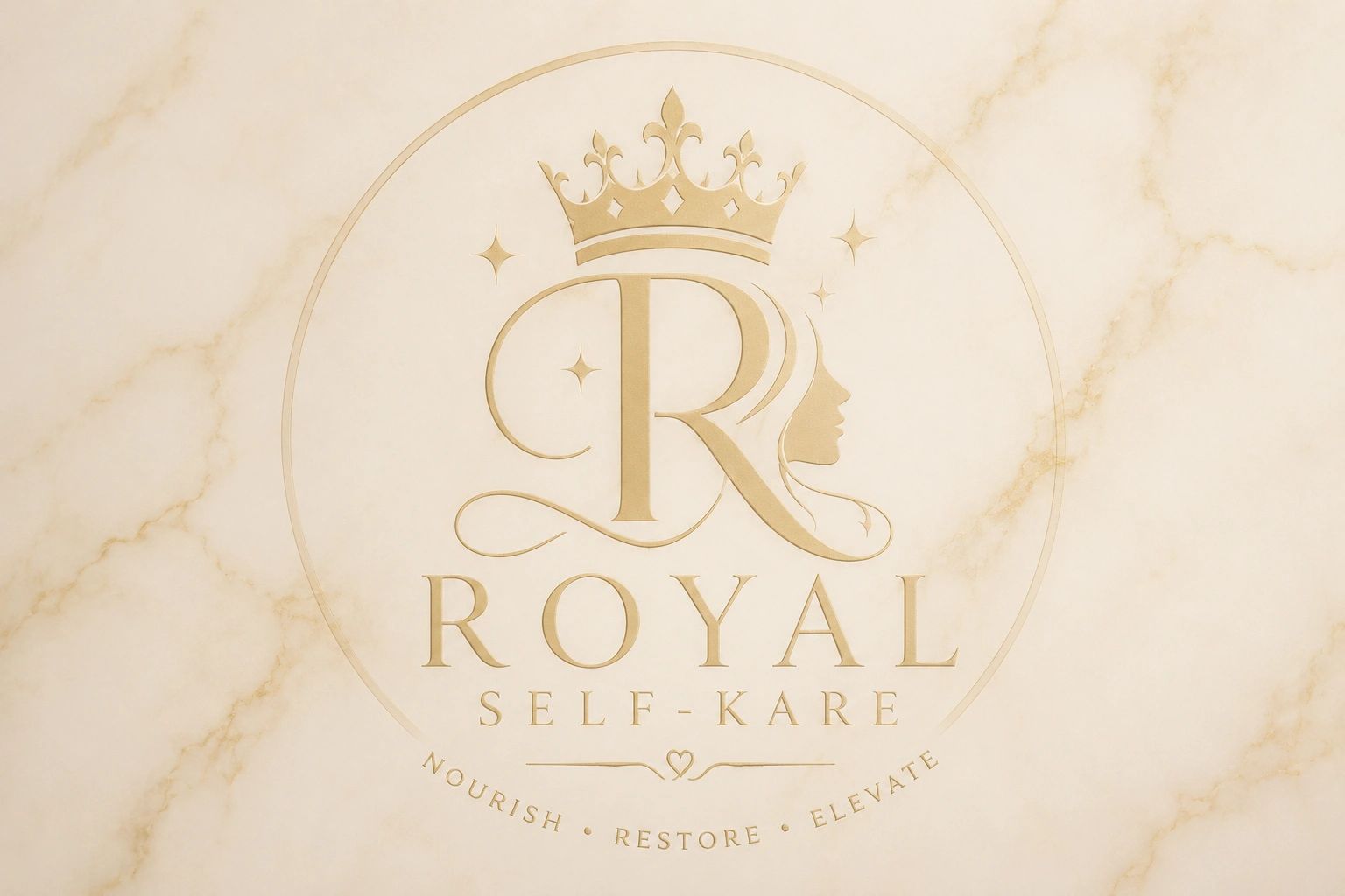 Elegant golden logo for Royal Self-Kare with crown and female profile.