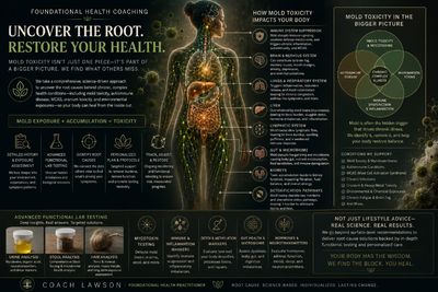 Infographic on foundational health coaching, mold toxicity impacts, and lab testing.