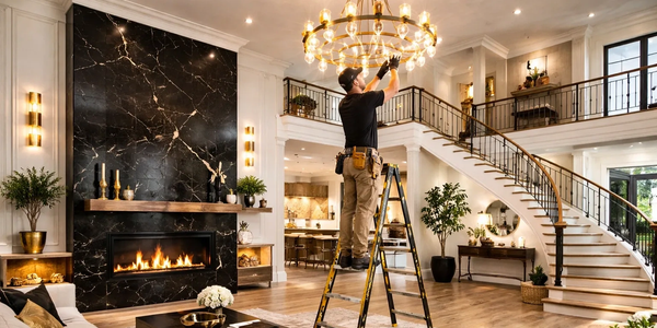 Electrician fixing chandelier in luxurious living room with fireplace and spiral staircase.
