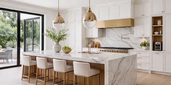 Modern kitchen with marble island and gold accents.