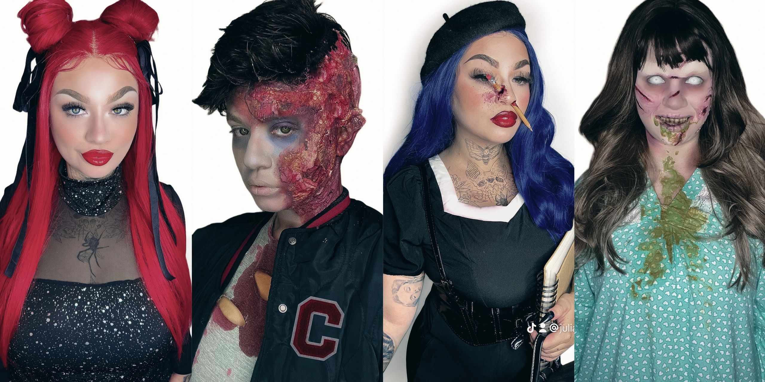 Four people in creative Halloween makeup looks.