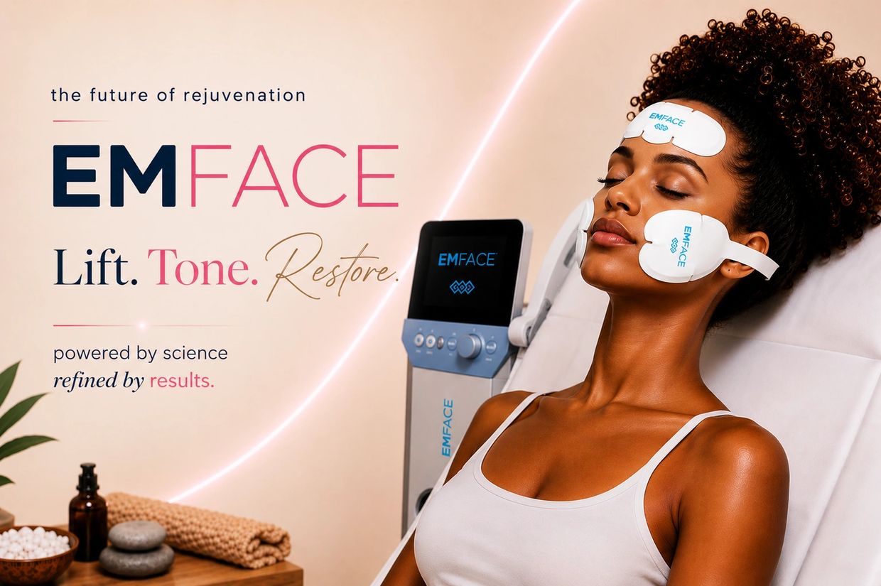 Woman undergoing EMFACE facial rejuvenation treatment using advanced technology.