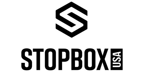 StopBox official logo. Black letters and Black "S" 