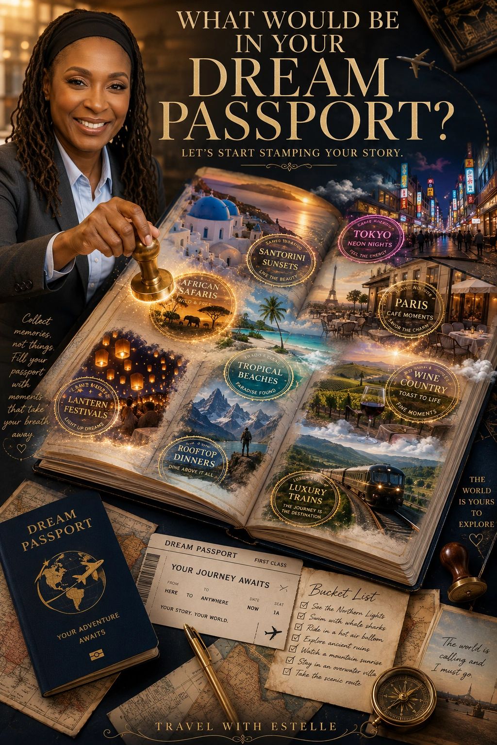 A woman stamps a dream passport filled with travel destinations and bucket list adventures.