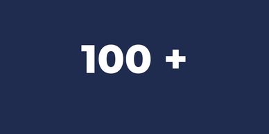 White text '100 +' on a dark blue background.