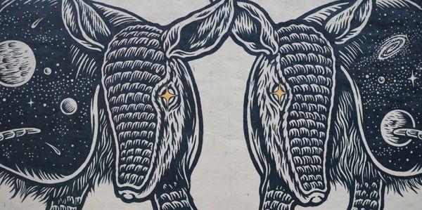 Street art of two armadillos with cosmic scenes on their backs and glowing eyes.