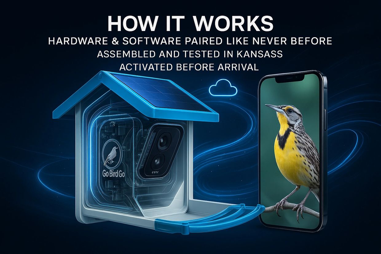Go Bird Go™ smart feeder with transparent housing showing hardware, AI, LTE, solar, and SD card.