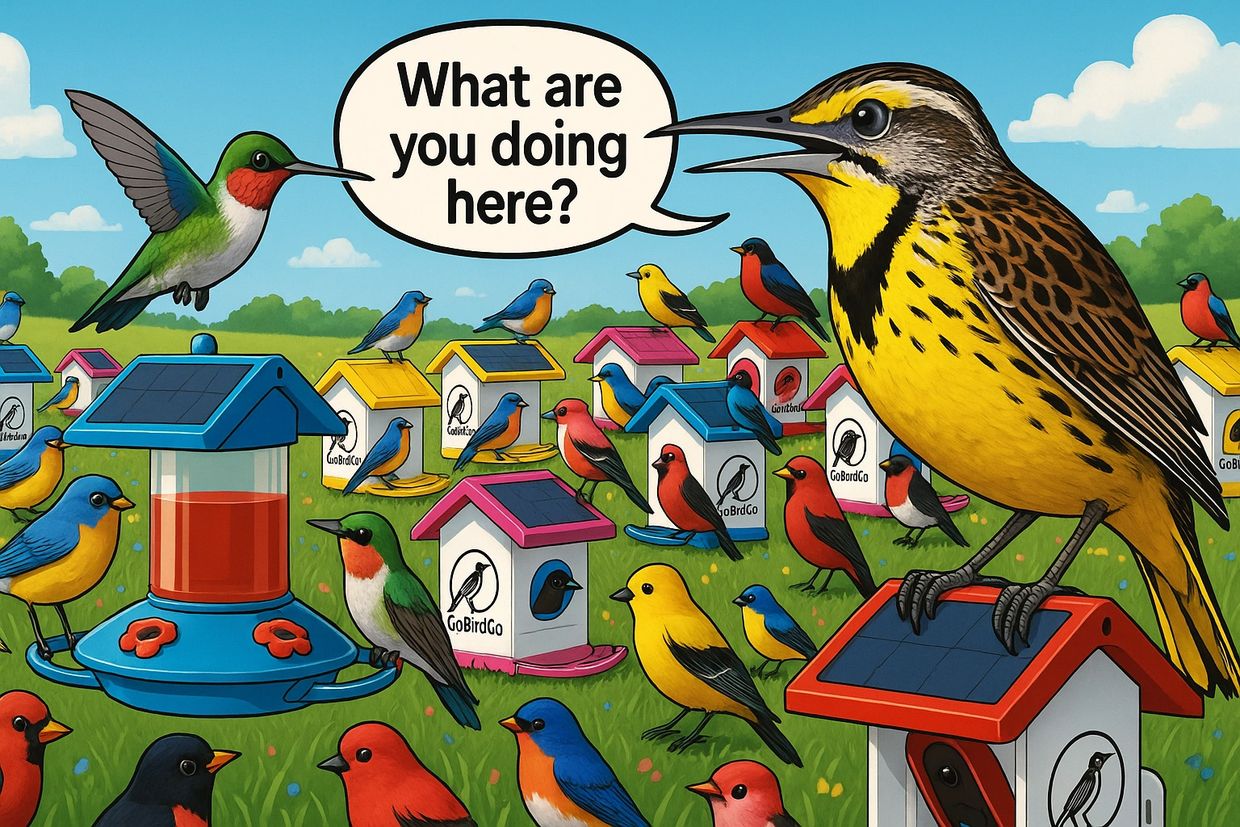 Why birds love color—Go Bird Go™ 4G feeders with meadowlark vs hummingbird humor