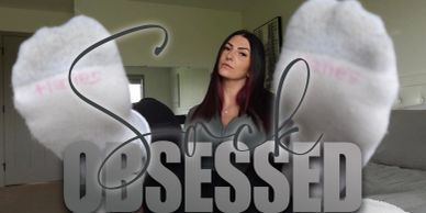 Woman with socks and 'Sock Obsessed' text.
