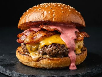 Juicy cheeseburger with crispy bacon and pink sauce on a sesame bun.