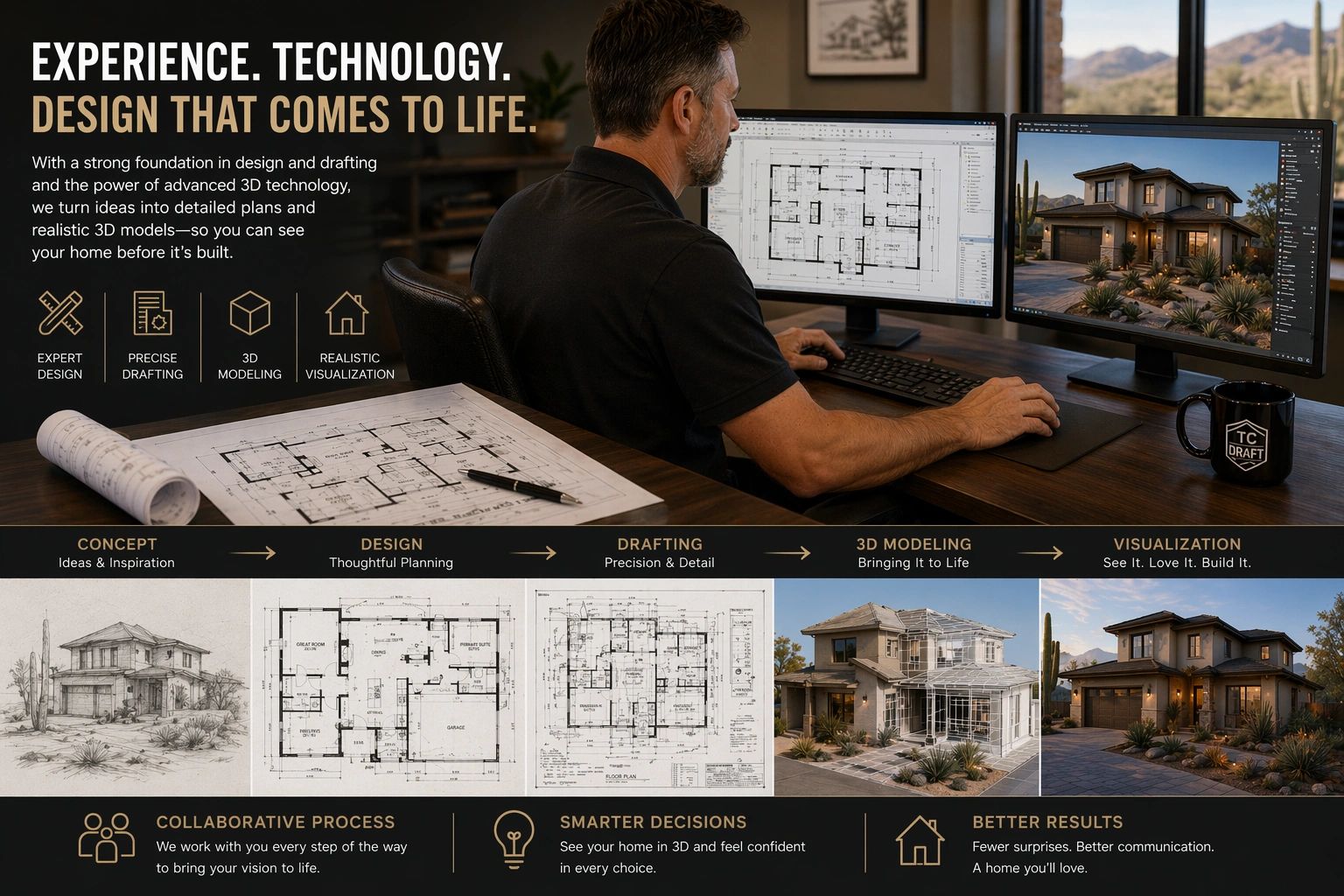 Designer creating detailed home plans and 3D visualization for realistic home building.