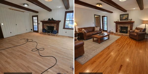 Hardwood floor refinishing before and after photo completed in Charleston South Carolina