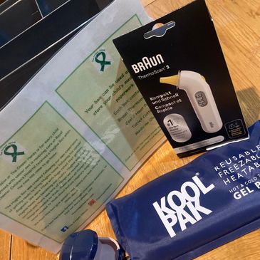 Medical care items including Braun ThermoScan thermometer and Kool Pak heat/cold gel pack.