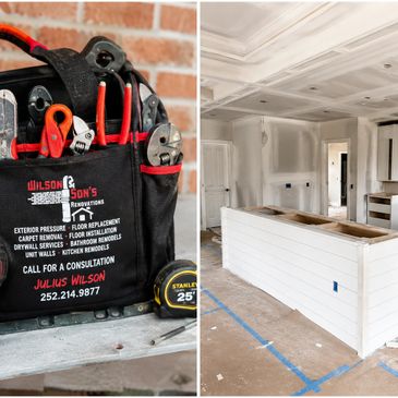 Tool bag with renovation tools and contact details.