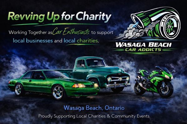 Revving Up for Charity banner with cars
