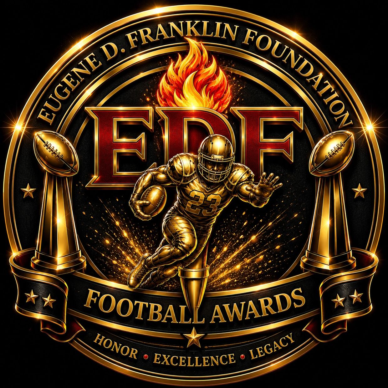 Gold-themed football awards logo with a running player and flames.