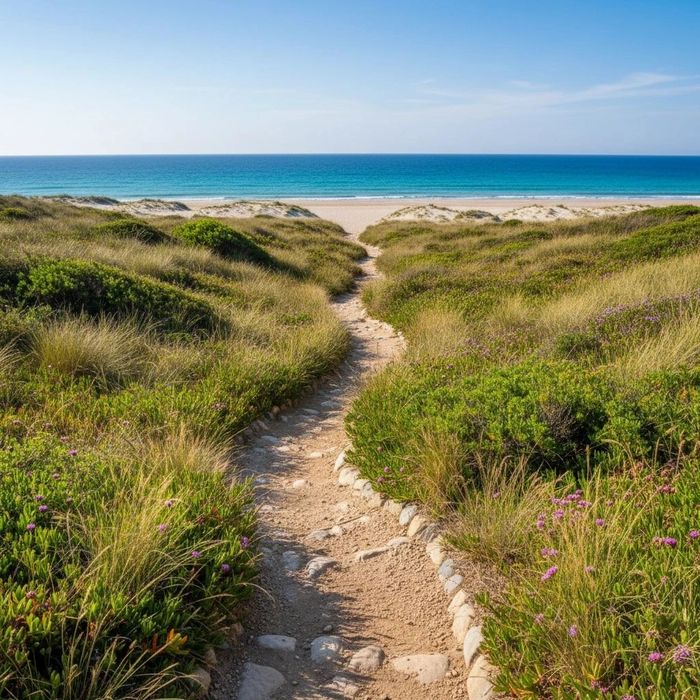 A sandy path through green dunes leads to a calm blue ocean beach.
