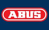 ABUS logo in bold white letters on a red oval with a blue background.