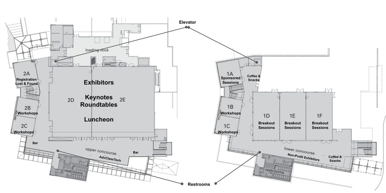 Map of the Lynnwood Event Center.  On the left, rooms 2A, 2B, 2C, Exhibit Hall.  On the right, rooms